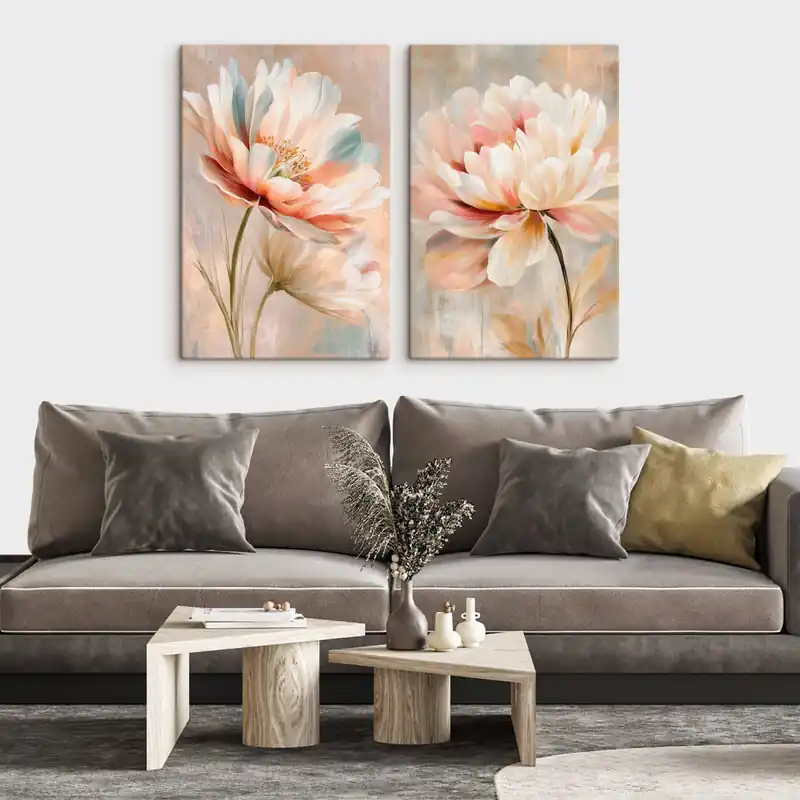 Ofertă specială Pictură pe pânză Diptych cu flori mari în nuanțe de bej și roz, în stilul unui poster artistic Nr m30134