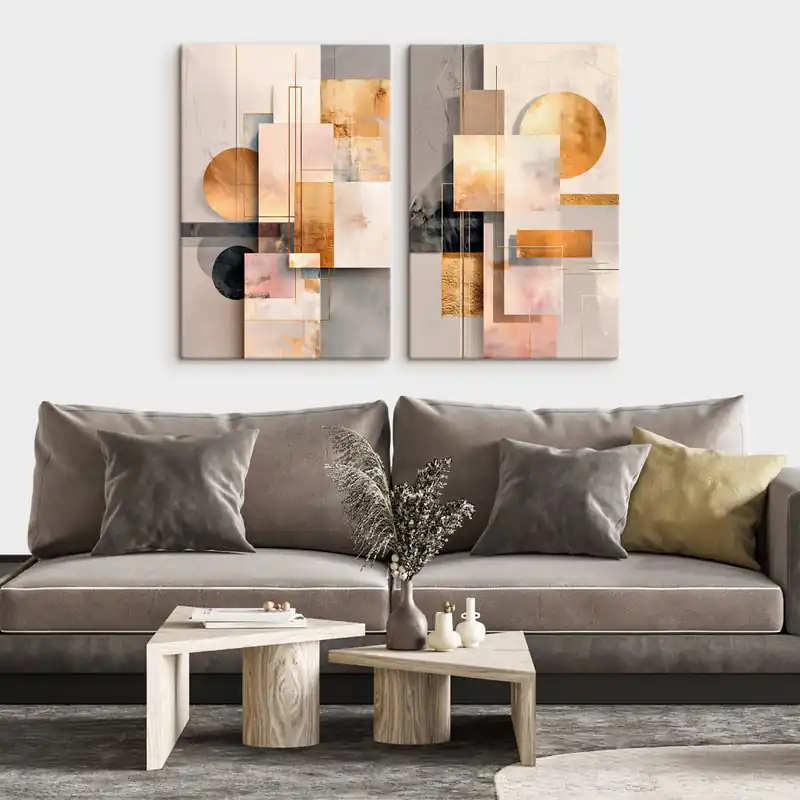 Pictură pe pânză Abstracție geometrică cu accente de cupru și bej, într-un stil grafic modern Nr m30138 Discount