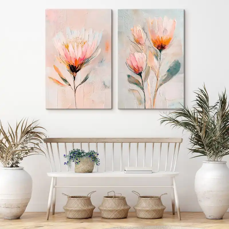 Pictură pe pânză Compoziție florală în nuanțe pastelate, cu tușe volumetrice, în stilul artei contemporane Nr m30140 Expediere rapidă