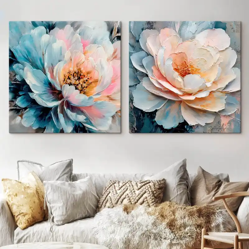 Cumpărături sigure Pictură pe pânză Compoziție florală abstractă în nuanțe de roz și albastru, cu petale texturate Nr m30148