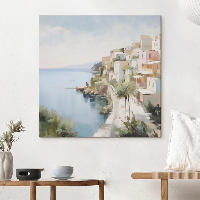 Pictură pe pânză Peisaj urban lângă mare, imitație de pictură Nr s48674 Reducere