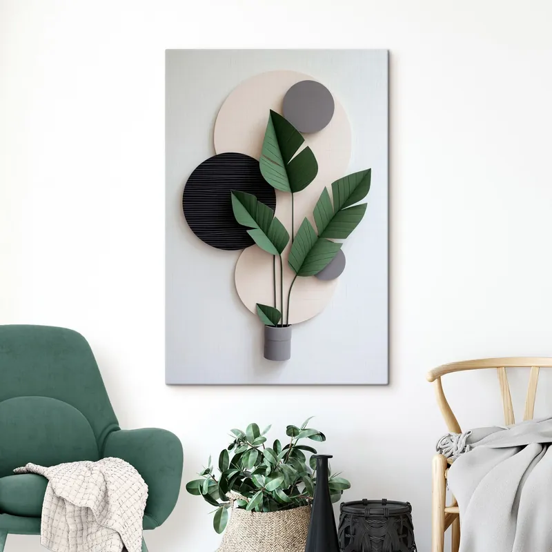Pictură pe pânză Compoziție minimalistă cu cercuri geometrice și frunze verzi Nr s48607 Cel mai bun preț