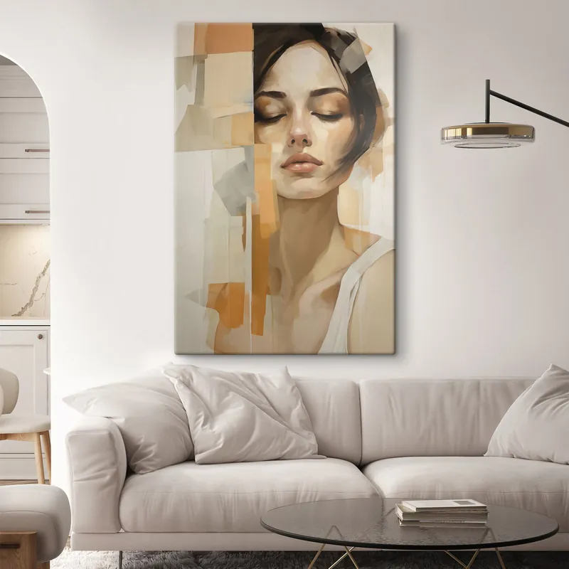 Pictură pe pânză Portret abstract al unei femei cu forme portocalii și bej Nr s48736 Cel mai bun preț