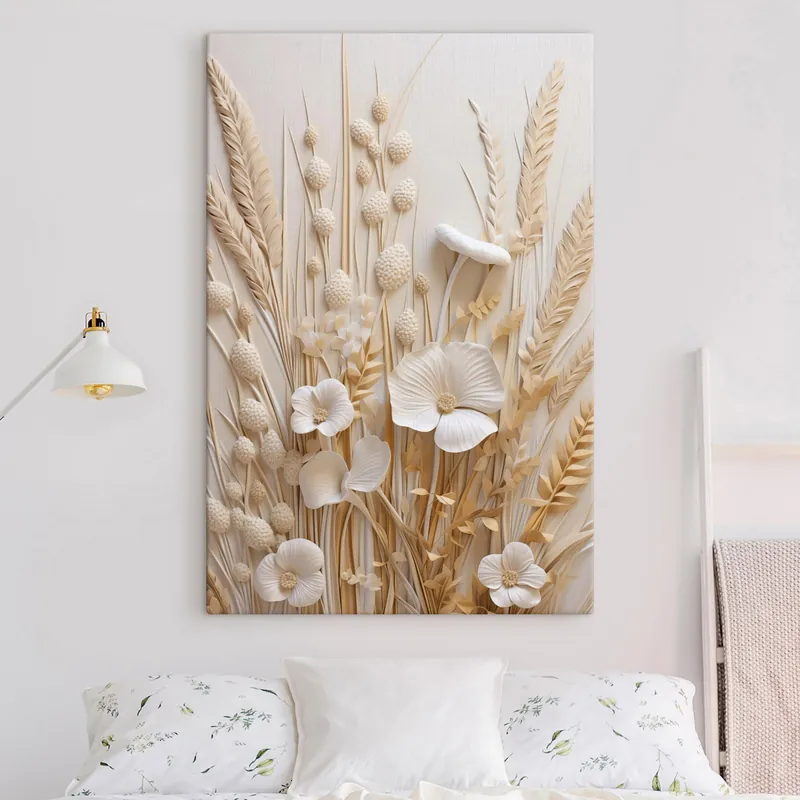 Ofertă Pictură pe pânză Un buchet de maci crem cu tulpini de grâu uscate Nr s48748