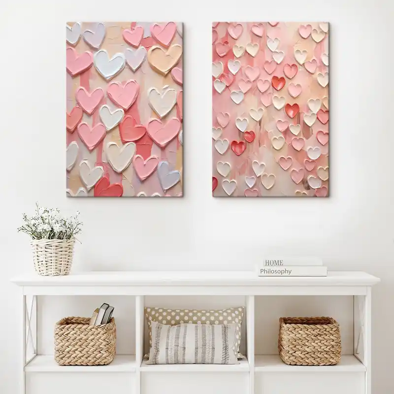 Pictură pe pânză Forme de inimă în diverse nuanțe de piersică și roz, realizate într-un stil pictat, cu textură Nr m30326 Discount