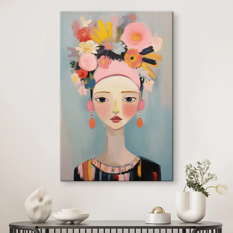 Pictură pe pânză Portretul unei femei cu flori în păr, în stil abstract Nr s48936 Ofertă exclusivă