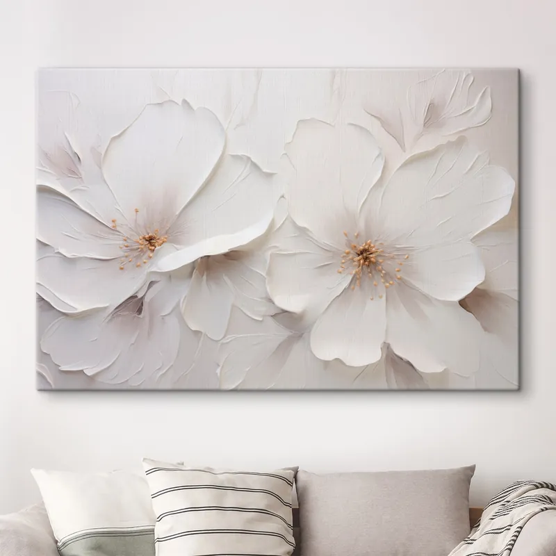 Pictură pe pânză Flori albe în relief, în stil minimalist, cu umbre delicate Nr s48796 Reducere de preț