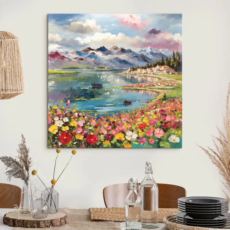 Cumpără online Pictură pe pânză Impresionism lac de munte cu bărci și flori Nr s48806