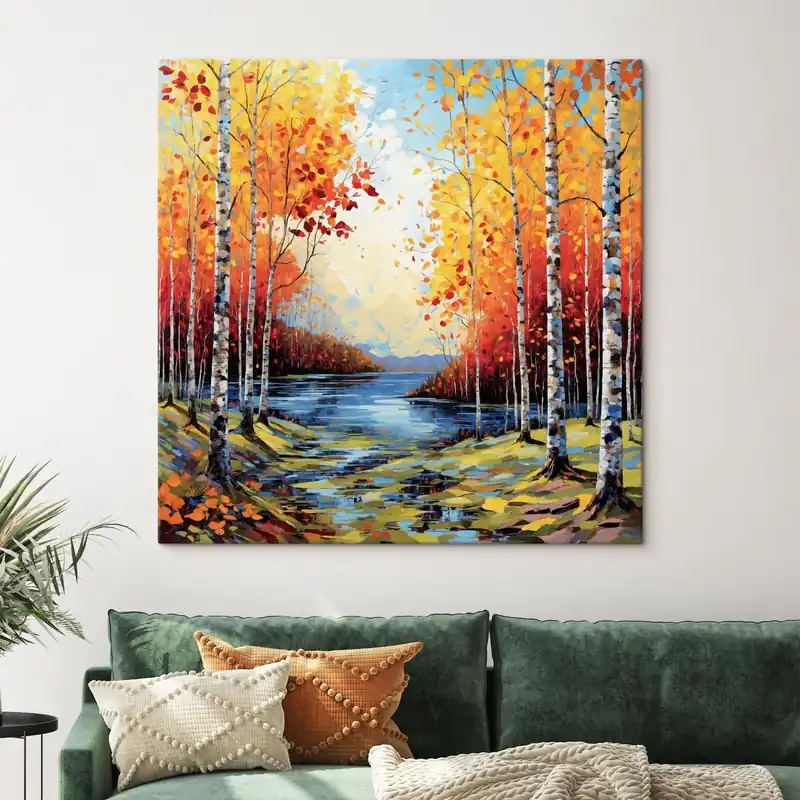Pictură pe pânză Impresionism pădure de mesteacăn toamna, cu râu Nr s48809 Super ofertă