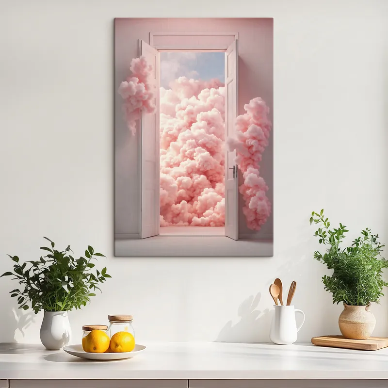 Pictură pe pânză Ușă în stil suprarealist cu nori roz în interior Nr s48823 Lichidare de stoc