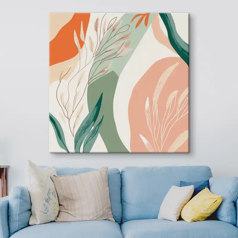 Pictură pe pânză Artă botanică cu forme delicate, într-o paletă de culori verde-coral Nr s48840 Lichidare de stoc