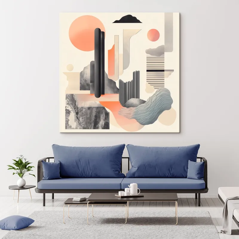 Pictură pe pânză Compoziție geometrică într-o paletă de culori piersică-gri, realizată într-un stil pictural contemporan Nr s48841 Ofertă