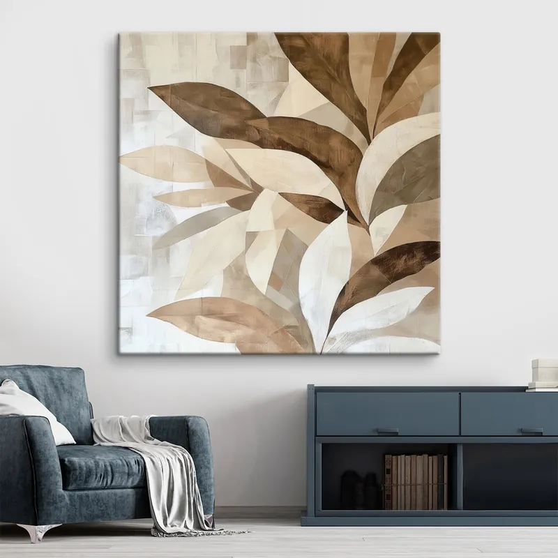 Premium Pictură pe pânză Compoziție florală abstractă cu frunze mari, în nuanțe de maro-bej Nr s48848