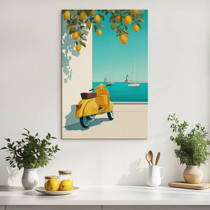 Pictură pe pânză un moped lângă mare, sub lămâi Nr s49008 Chilipir