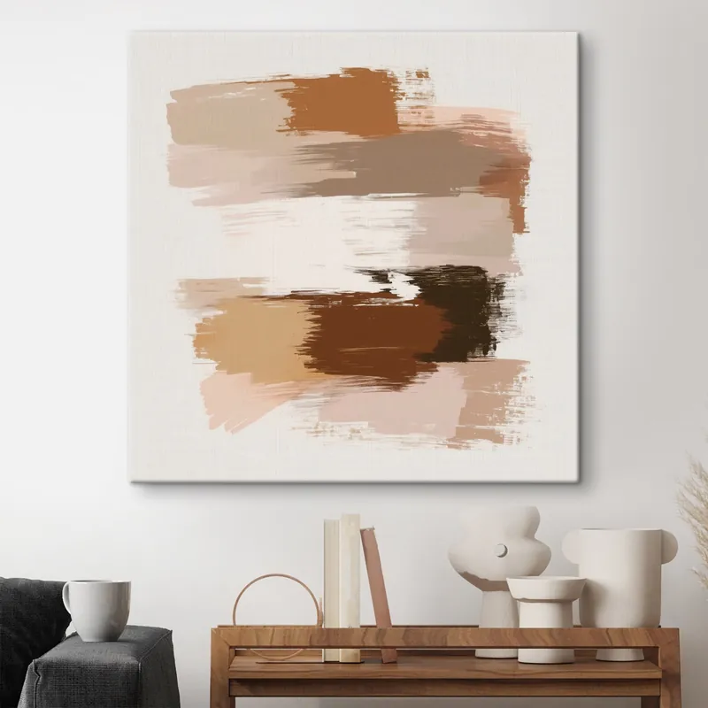 Pictură pe pânză Compoziție minimalistă cu tușe orizontale în nuanțe de cafea și teracotă Nr s48858 Popular