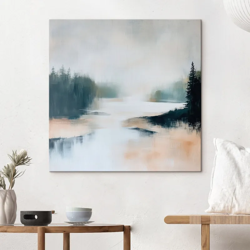 Pictură pe pânză Peisaj forestier abstract în nuanțe de roz și albastru, realizat într-un stil pictural contemporan Nr s48862 Livrare rapidă