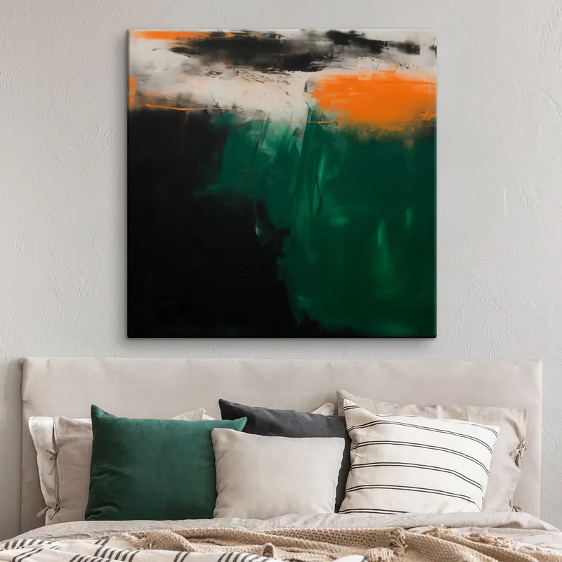 Preferatul clienților Pictură pe pânză O pictură abstractă cu accente portocalii și tușe de verde intens, realizată într-un stil contemporan Nr s48865