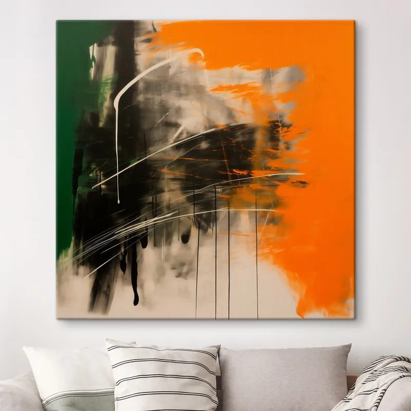 Pictură pe pânză O pictură abstractă cu tușe de portocaliu și verde, realizată într-un stil contemporan Nr s48866 Mai ieftin