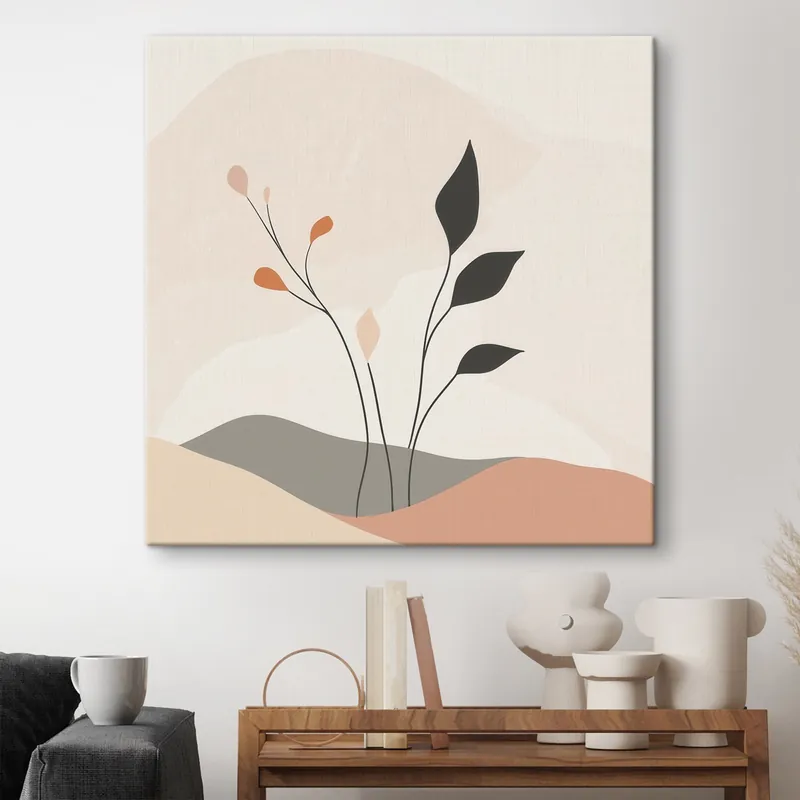 Pictură pe pânză O scenă laconică cu tematică vegetală, cu forme organice, realizată în stilul artei contemporane Nr s48874 Discount