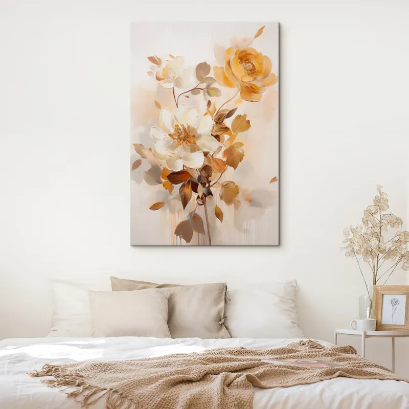 Reducere specială Pictură pe pânză Flori abstracte cu frunze maronii, în stil pictural și cu tușe de pensulă Nr s49145