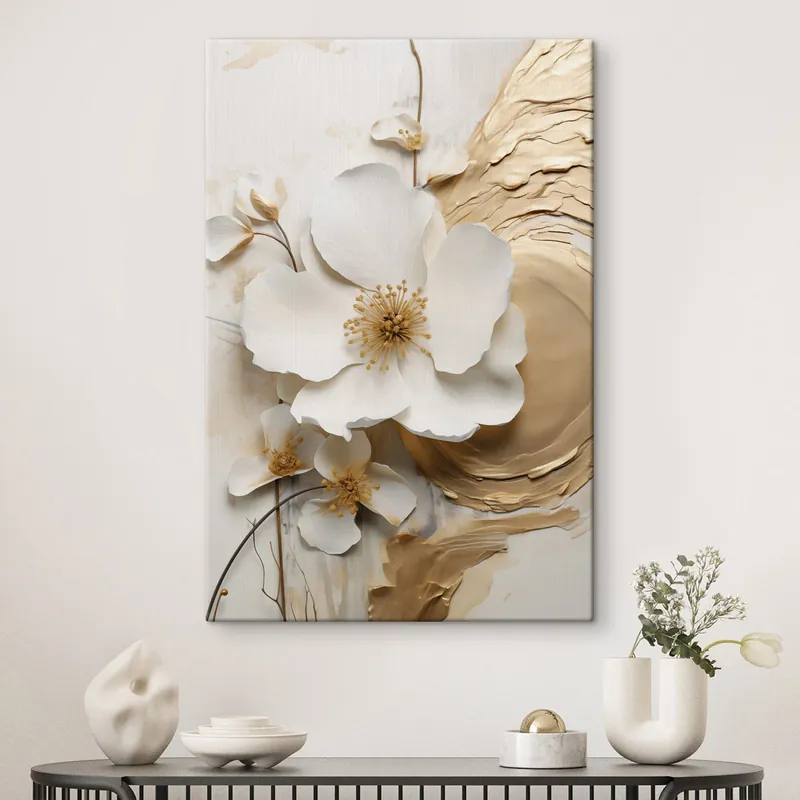 Ofertă exclusivă Pictură pe pânză Flori albe abstracte, imitație de tușe de vopsea pe un fundal texturat Nr s49153