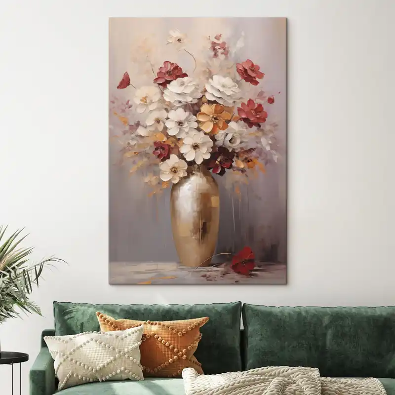 Doar azi Pictură pe pânză Un buchet de flori albe și roșii cu accente maronii într-o vază, în stil pictural Nr s49162