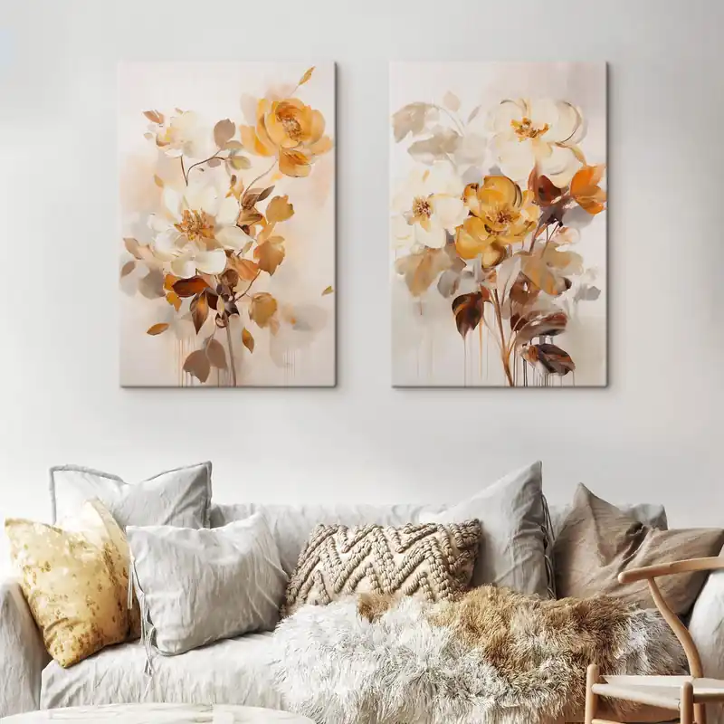 Discount Pictură pe pânză Flori abstracte cu frunze maronii, în stil pictural și cu tușe de pensulă Nr m30469