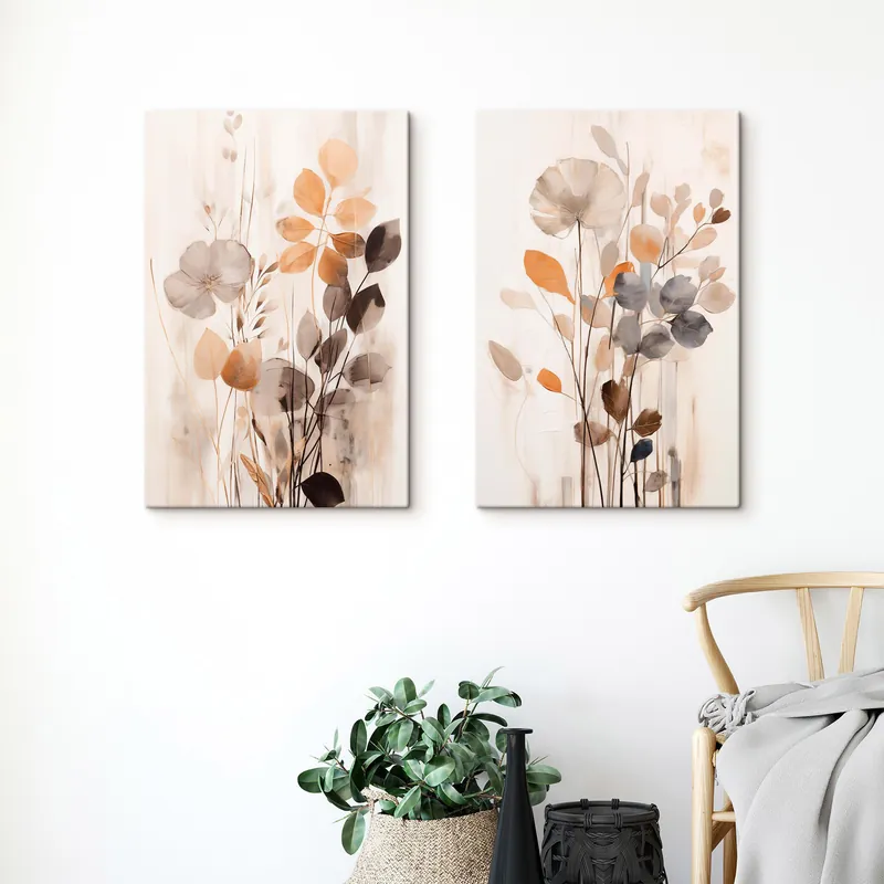 Pictură pe pânză Aranjament floral în nuanțe discrete de portocaliu și gri, artă abstractă Nr m30470 Ultima șansă