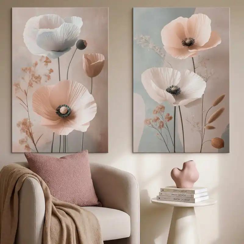 Mai ieftin Pictură pe pânză Diptych cu flori delicate în nuanțe pastelate Nr m30486