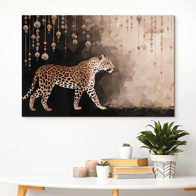 Expediere rapidă Pictură pe pânză Leopard pe fundal geometric, cu elemente suspendate Nr s49188