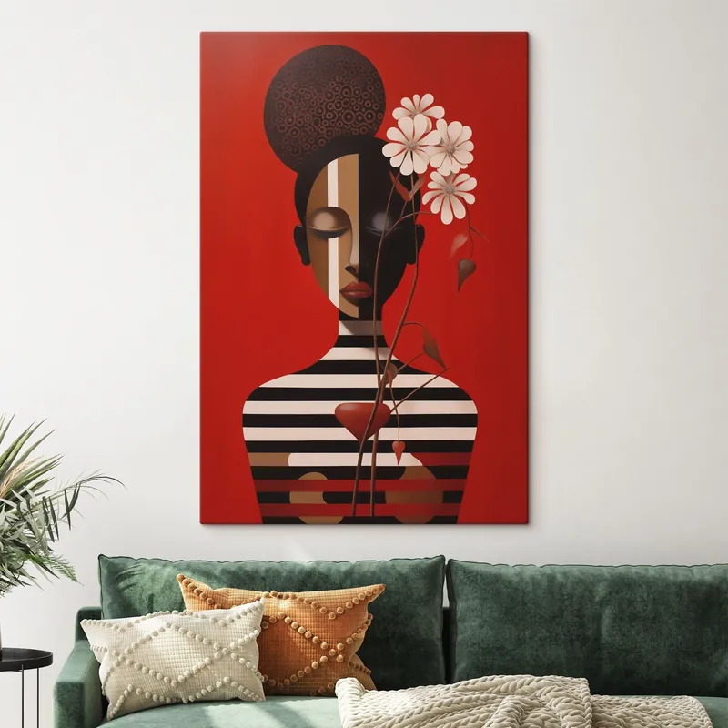 Reducere Pictură pe pânză Portret geometric cu flori pe fond roșu Nr s49191