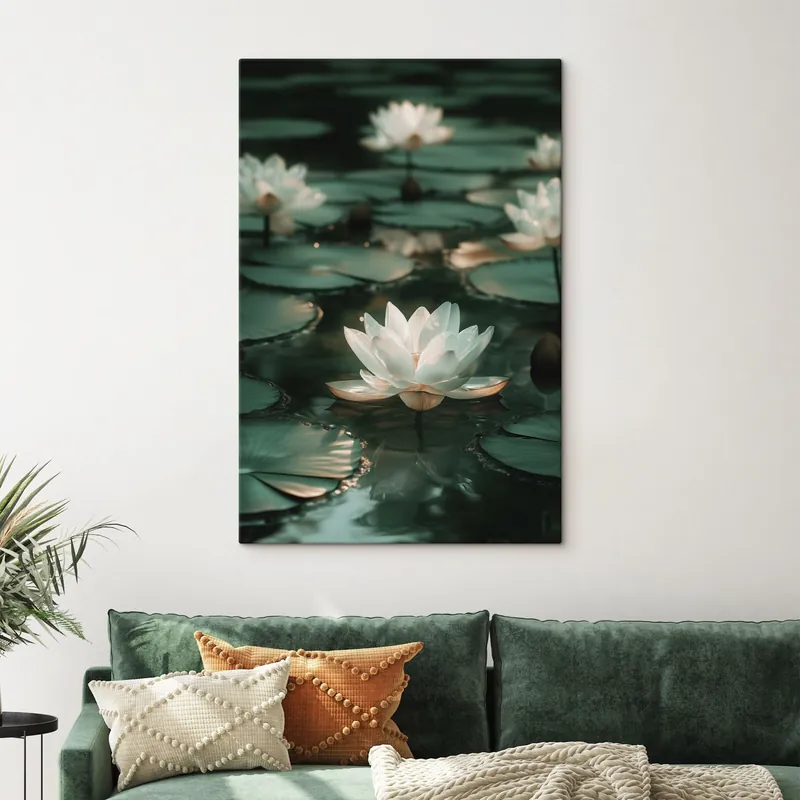 Pictură pe pânză Flori de lotus palide pe apă întunecată Nr s49197 Calitate înaltă