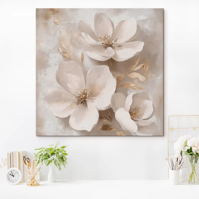 Pictură pe pânză Flori delicate, de culoare deschisă, cu frunze decorative Nr s49217 Premium