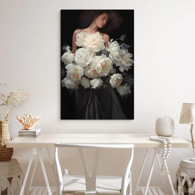 Pictură pe pânză O femeie cu un buchet mare de flori în culori deschise Nr s49220 Preț redus