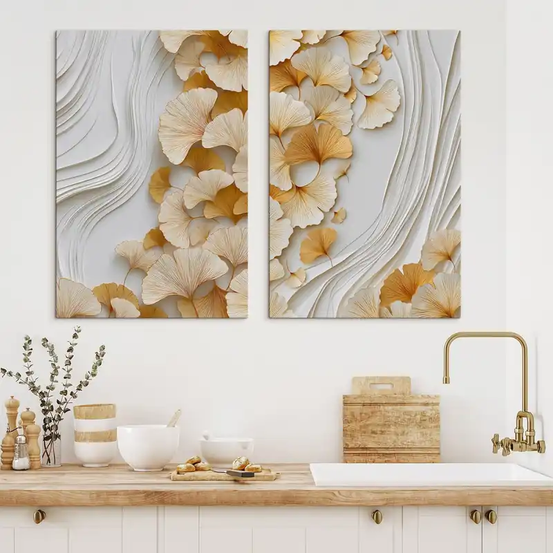 Pictură pe pânză O compoziție abstractă cu frunze de ginkgo Nr m30396 Ofertă de sezon