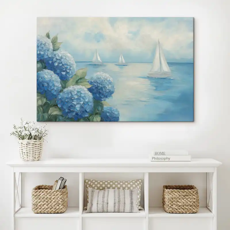 Pictură pe pânză Peisaj marin cu hortensii Nr s49276 Discount