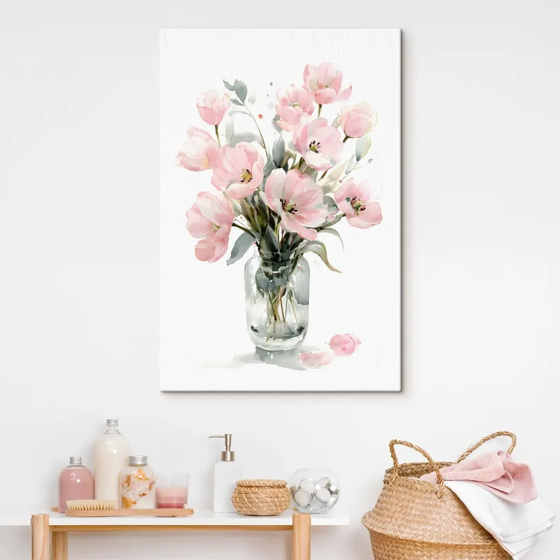 Reducere Pictură pe pânză Lalele roz delicate într-o vază, în stil acuarelă Nr s49226