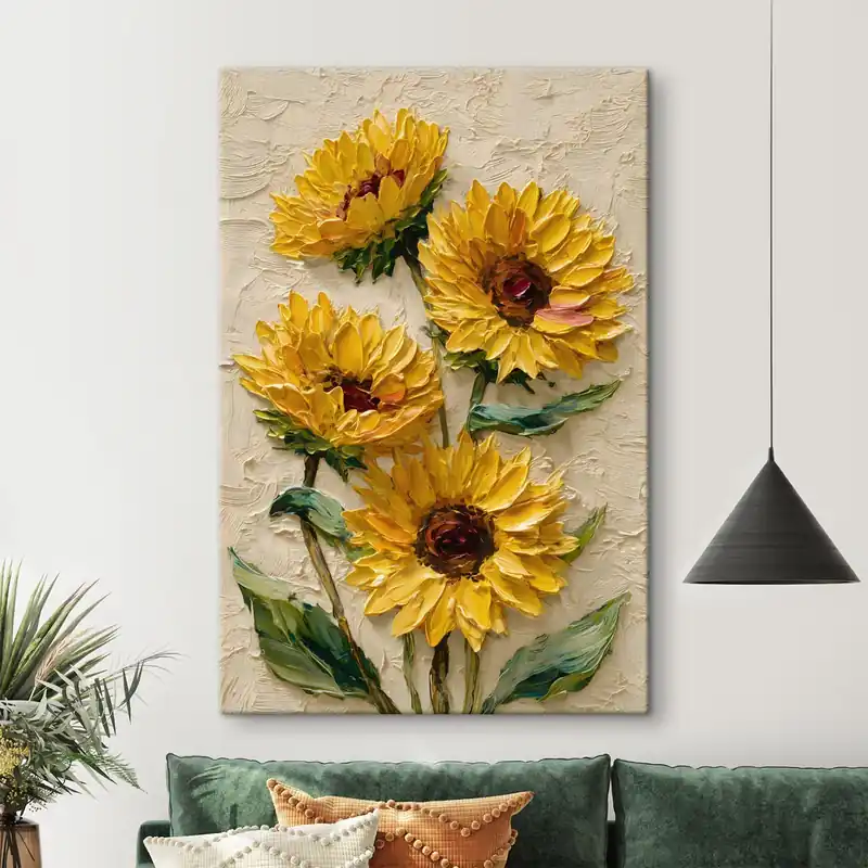 Popular Pictură pe pânză Floarea-soarelui luxuriantă, pictată în stil impasto Nr s49232