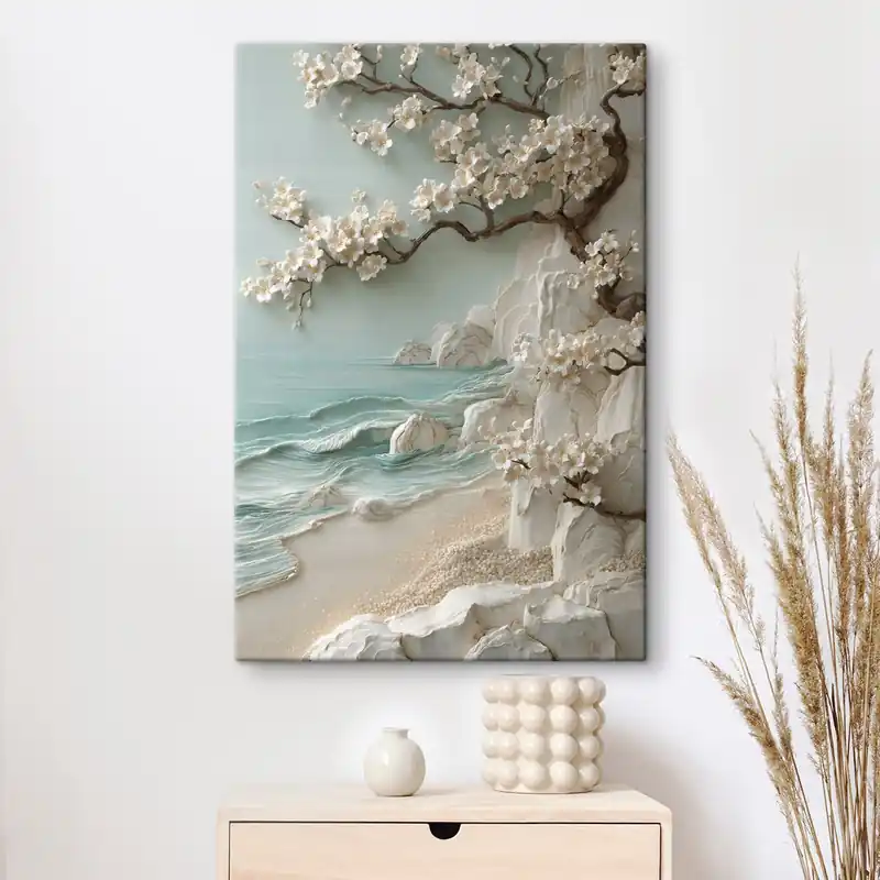 Ofertă limitată Pictură pe pânză Un copac înflorit lângă mare, redat în stil basorelief Nr s49249