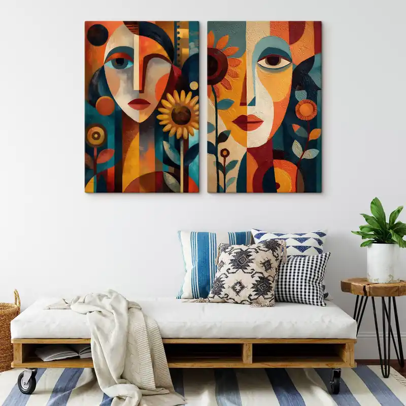 Premium Pictură pe pânză Portrete abstracte ale unor fete cu flori, în stil etnic Nr m30532