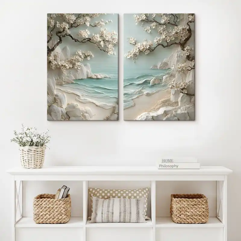 Pictură pe pânză Copaci înfloriți lângă mare, în stil basorelief Nr m30542 Reducere extra