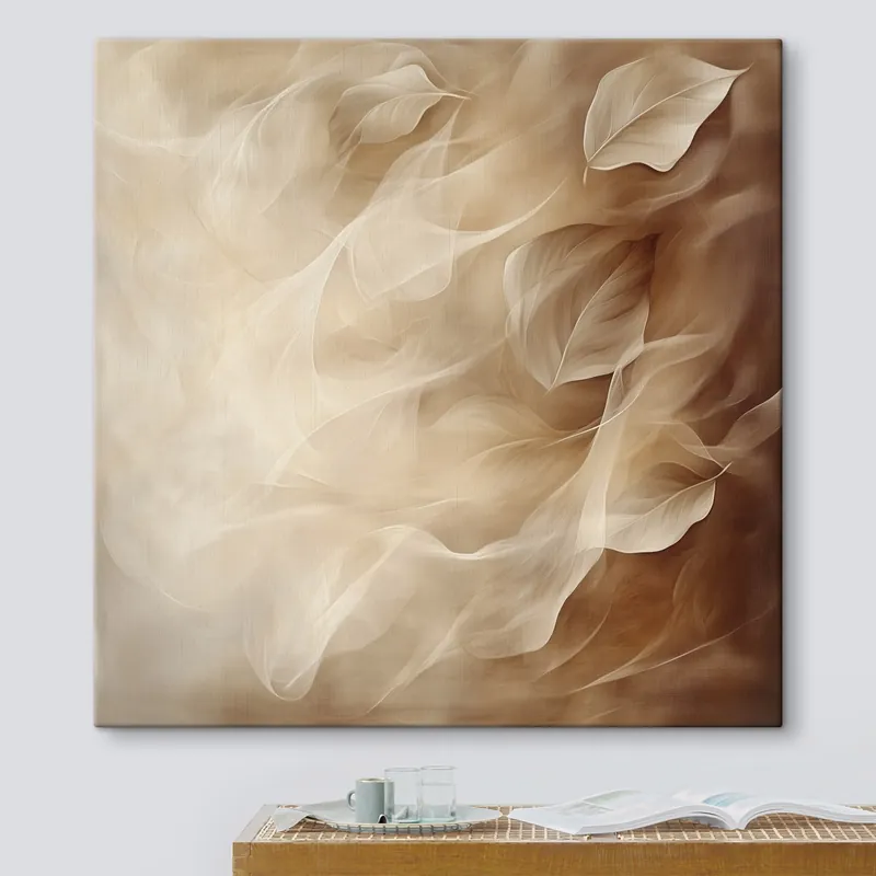 Pictură pe pânză Frunze delicate într-o paletă de culori bej-maro, redate într-un stil pictural contemporan Nr s48892 Ultima șansă