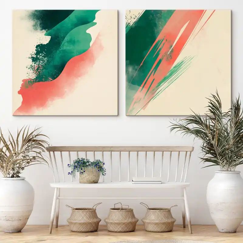 Pictură pe pânză Diptych abstract cu tușe expresive în nuanțe de coral și smarald pe un fundal deschis Nr m30369 Doar azi