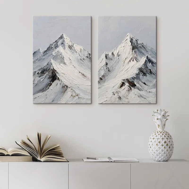 Reducere extra Pictură pe pânză Munți acoperiți de zăpadă, pictați în stil impasto Nr m30589