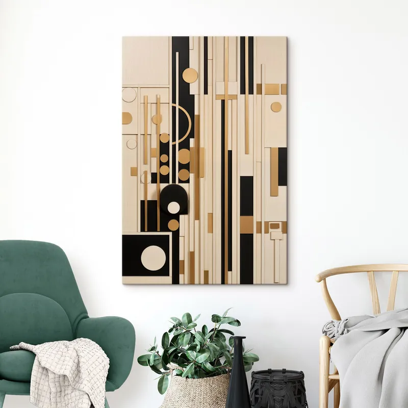 Premium Pictură pe pânză O compoziție geometrică abstractă cu cercuri, dreptunghiuri și linii verticale Nr s49482