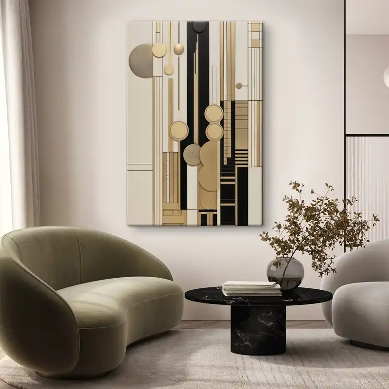 Premium Pictură pe pânză O compoziție geometrică abstractă cu cercuri, dreptunghiuri și linii verticale Nr s49483