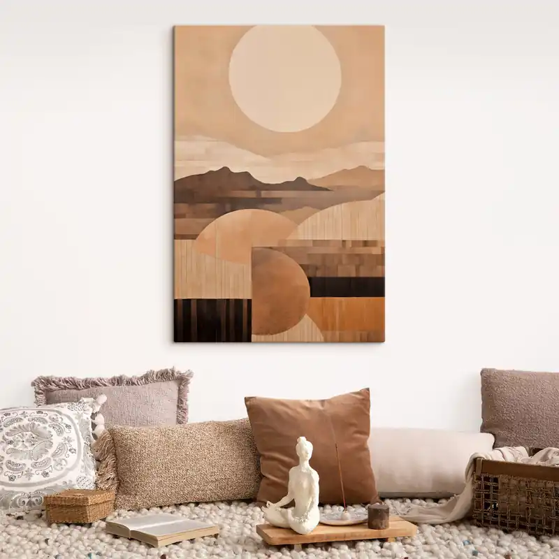 Expediere rapidă Pictură pe pânză Un peisaj minimalist cu forme geometrice, munți în nuanțe de sepia Nr s49484