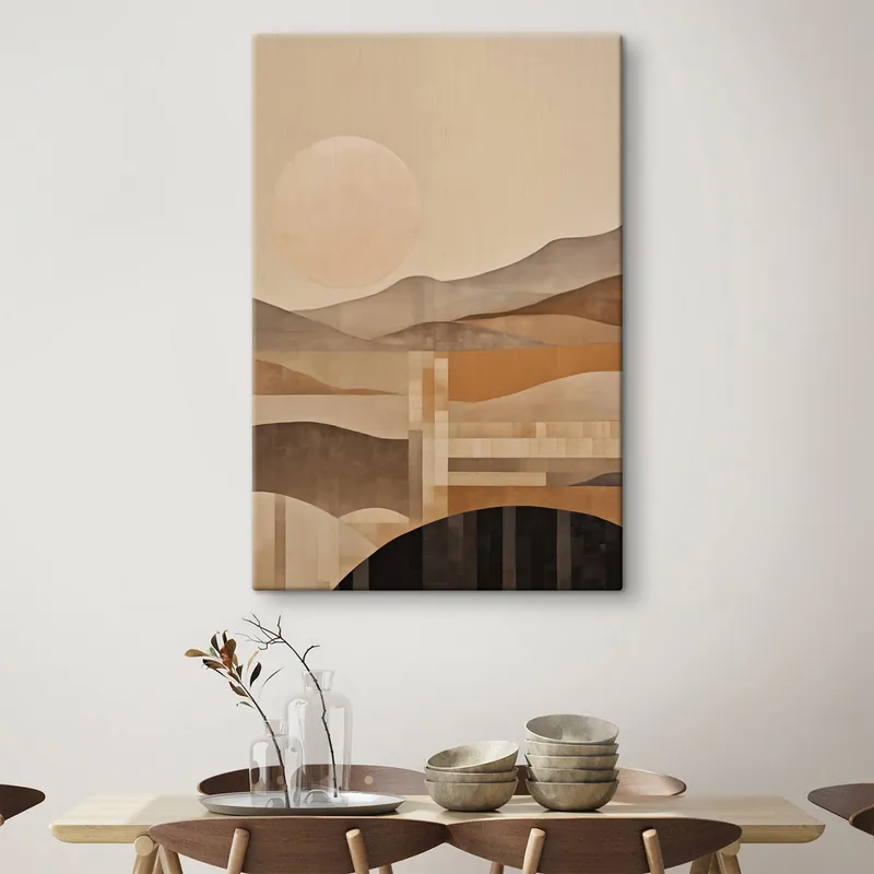 Livrare expres Pictură pe pânză Un peisaj minimalist cu forme geometrice, munți în nuanțe de sepia Nr s49485