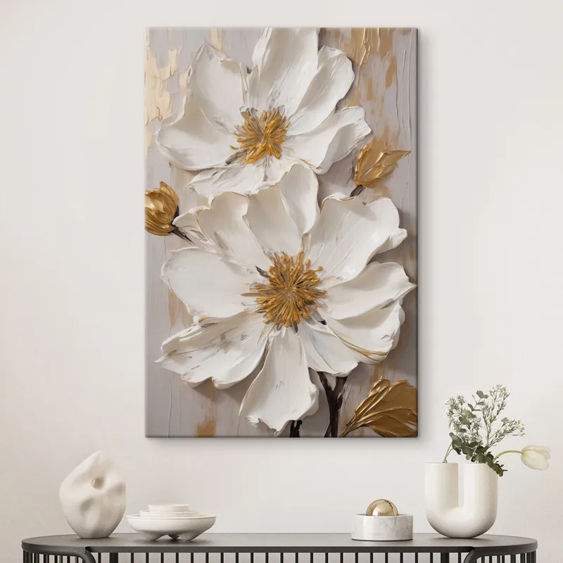 Pictură pe pânză Flori albe cu textură, cu petale delicate și fundal abstract Nr s49487 Reducere