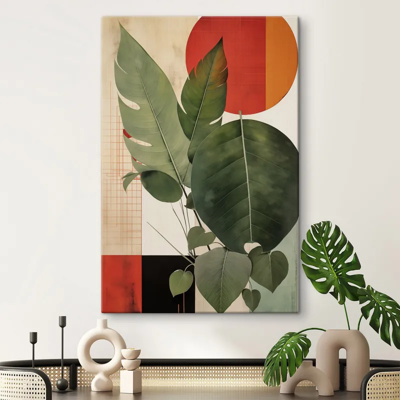 Premium Pictură pe pânză Frunze mari pe un fundal geometric, în stilul artei moderne abstracte Nr s49490